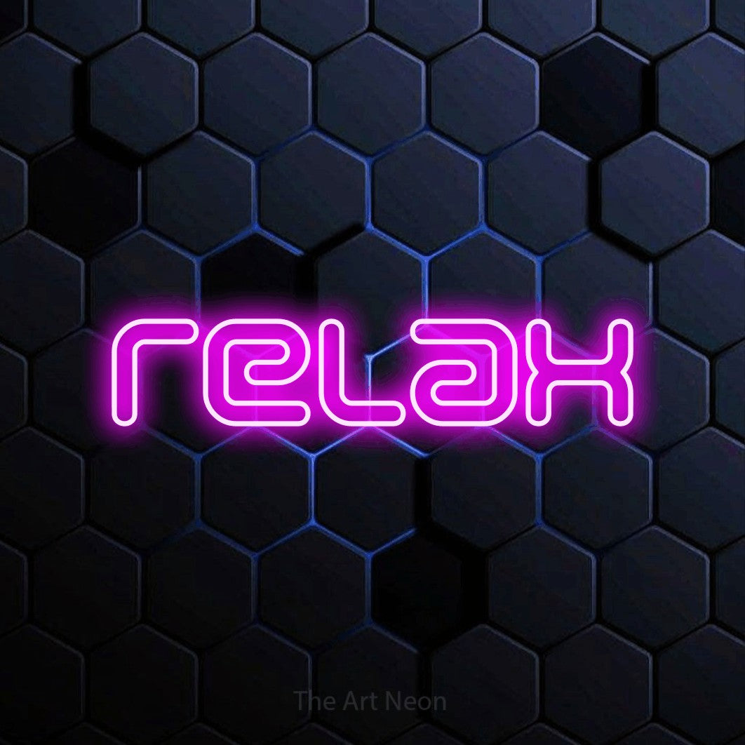LED neon sign reading “relax”, arranged in a single line.