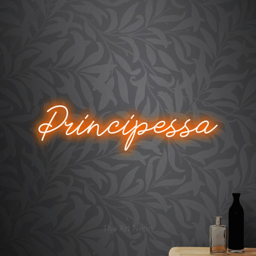 LED neon sign reading “Principessa”, arranged in a single line.