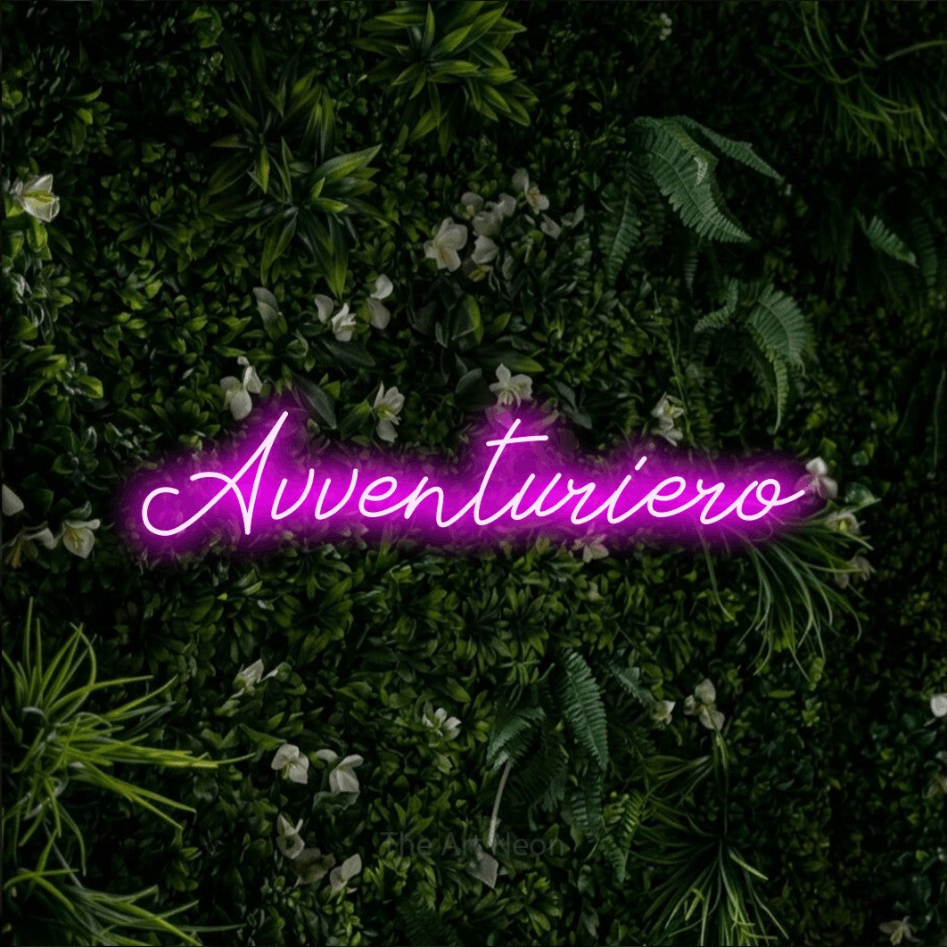 LED neon sign reading “Avventuriero”, arranged in a single line.