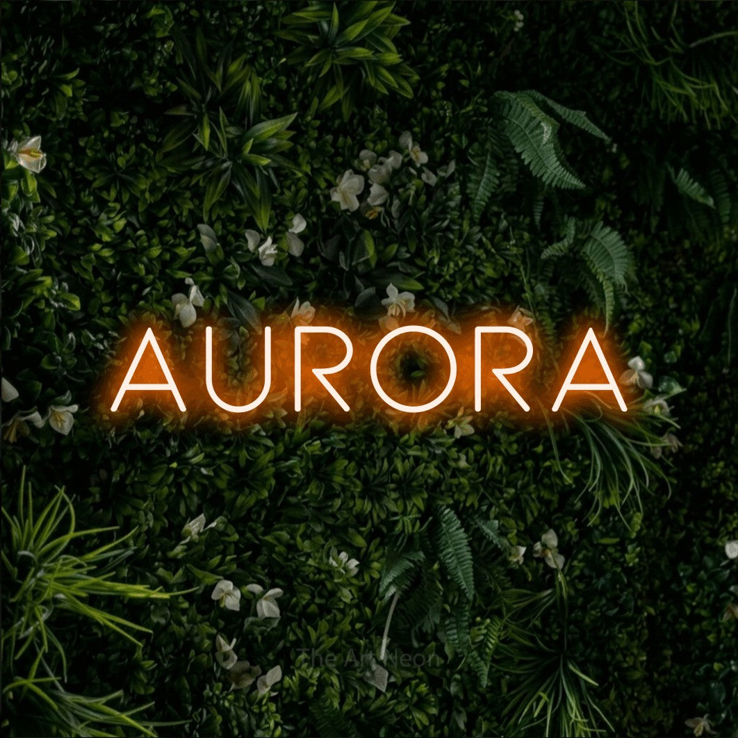 LED neon sign reading “AURORA”, arranged in a single line.