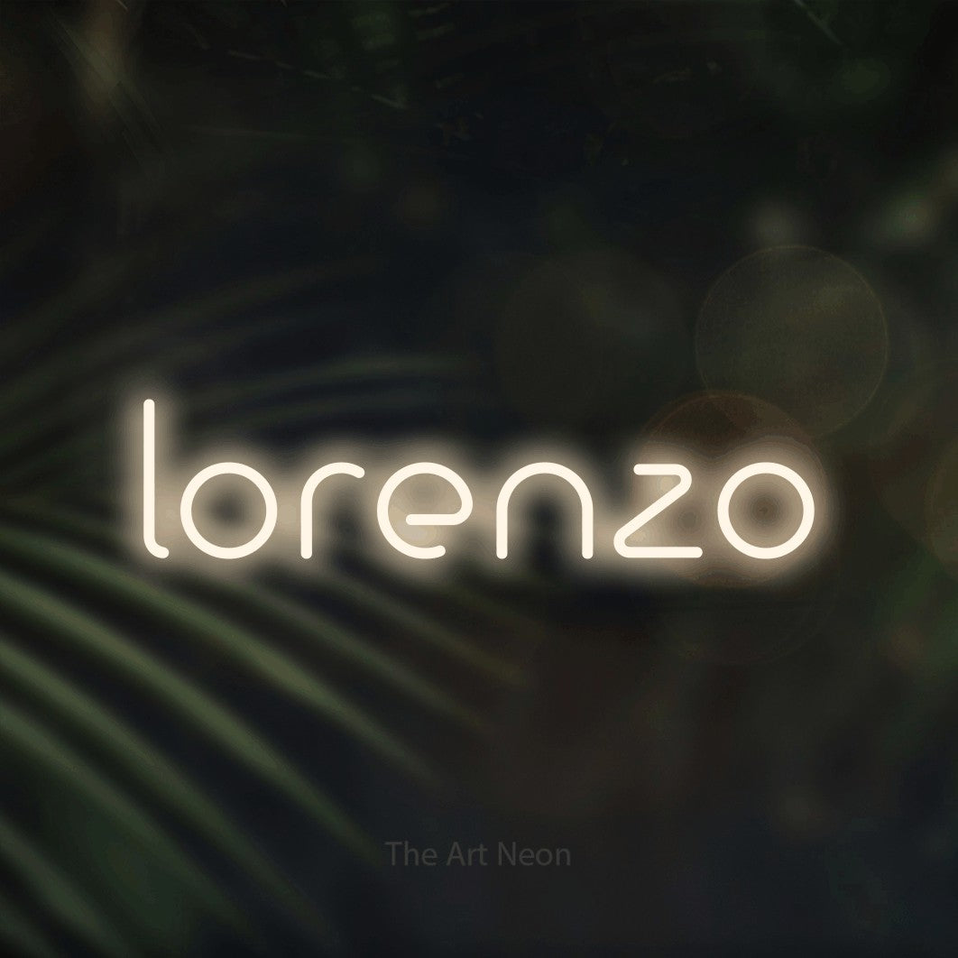 LED neon sign reading “lorenzo”, arranged in a single line.