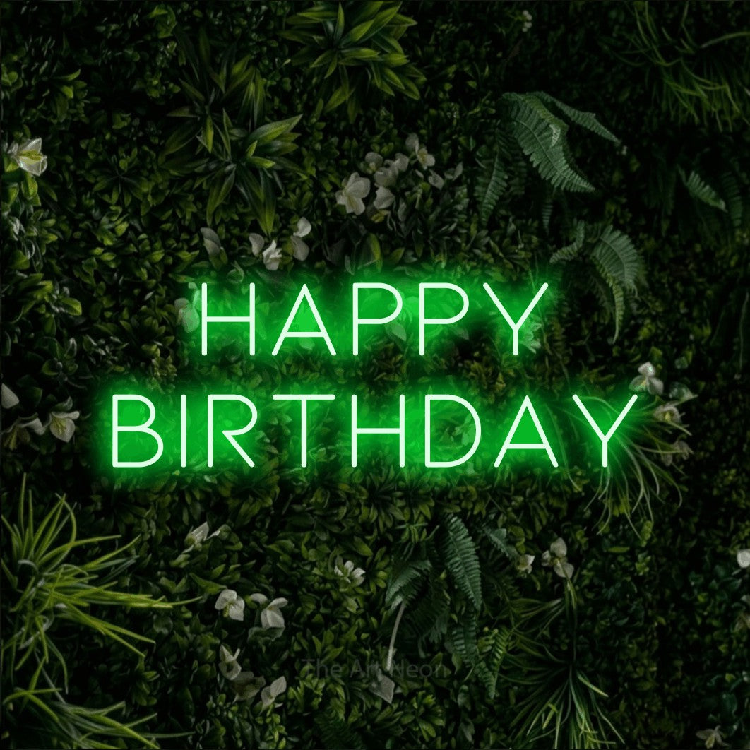 LED neon sign reading “Happy Birthday”, arranged in 2 lines.