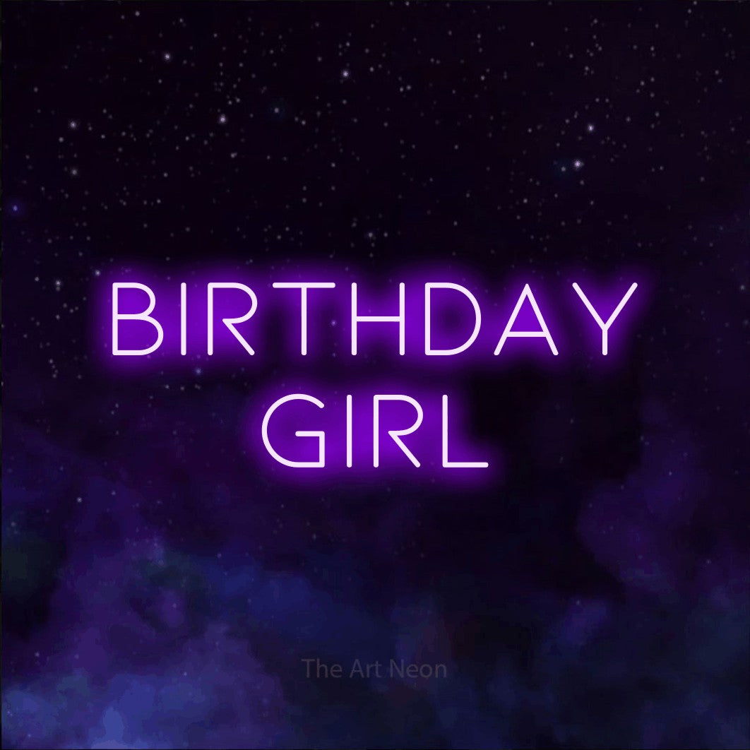 LED neon sign reading “BIRTHDAY GIRL”, arranged in 2 lines.