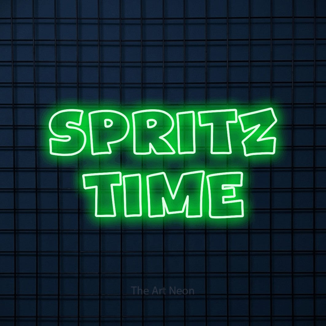 LED neon sign reading “spritz time”, arranged in 2 lines.