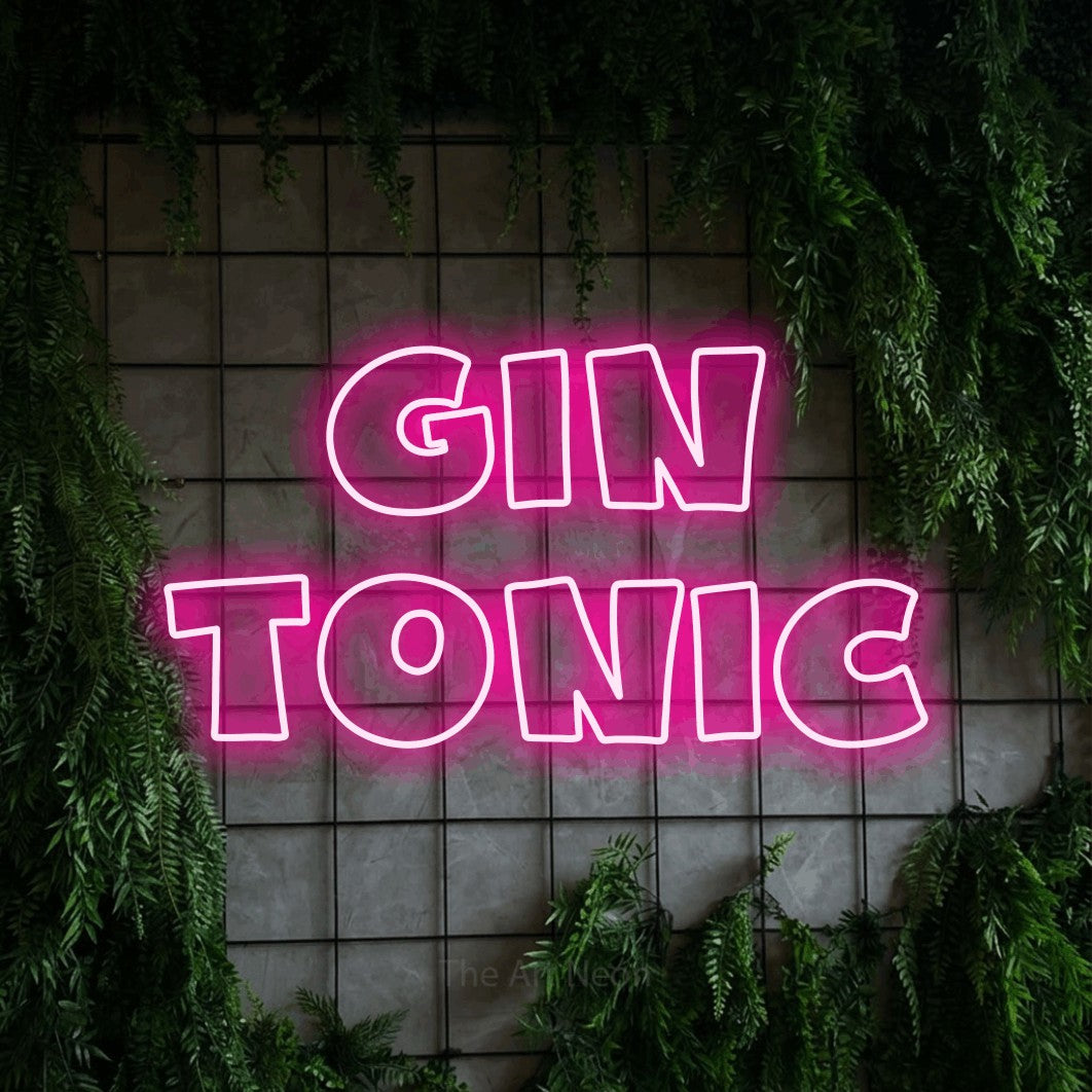LED neon sign reading “GIN TONIC”, arranged in 2 lines.