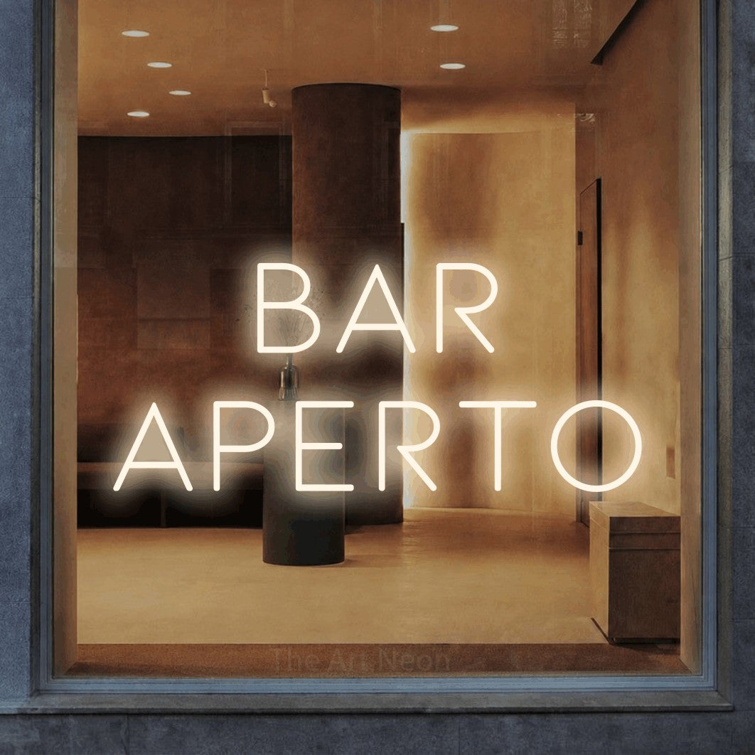 LED neon sign reading “bar aperto”, arranged in 2 lines.
