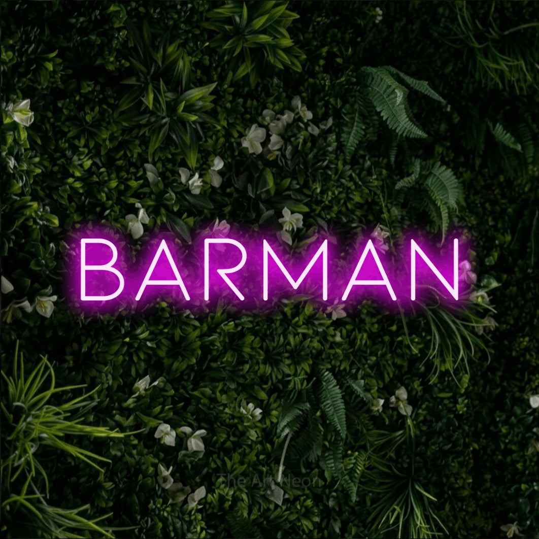 LED neon sign reading “barman”, arranged in a single line.