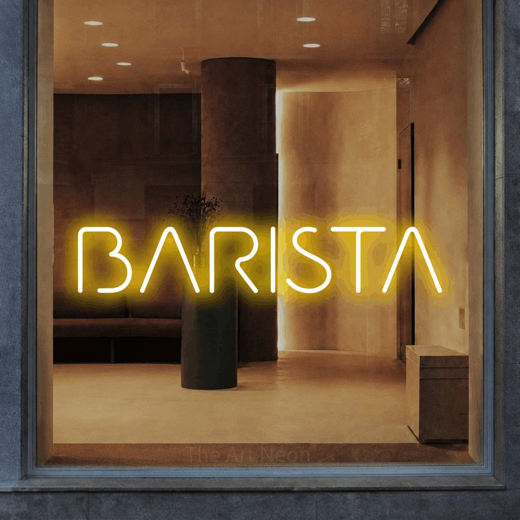 LED neon sign reading “BARISTA”, arranged in a single line.