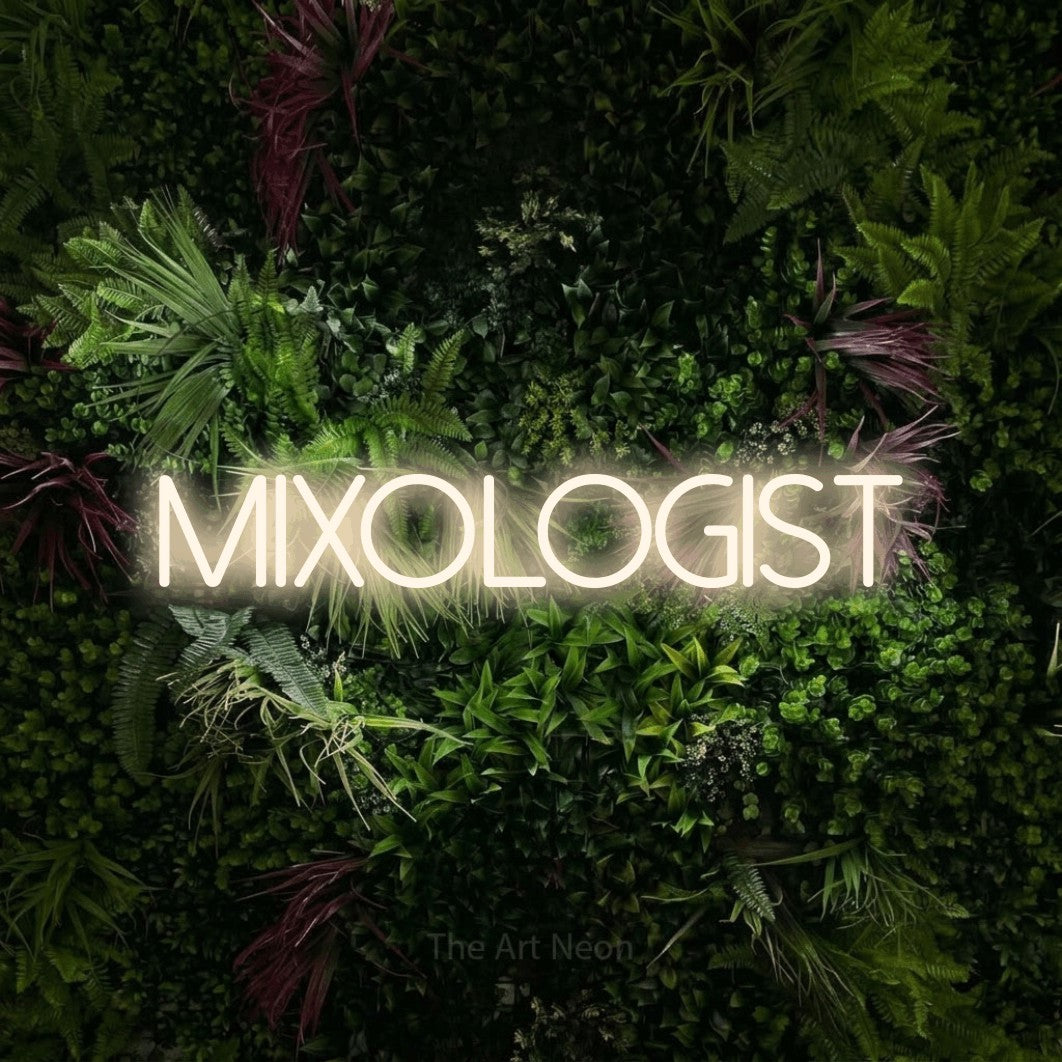 LED neon sign reading “MIXOLOGIST”, arranged in a single line.