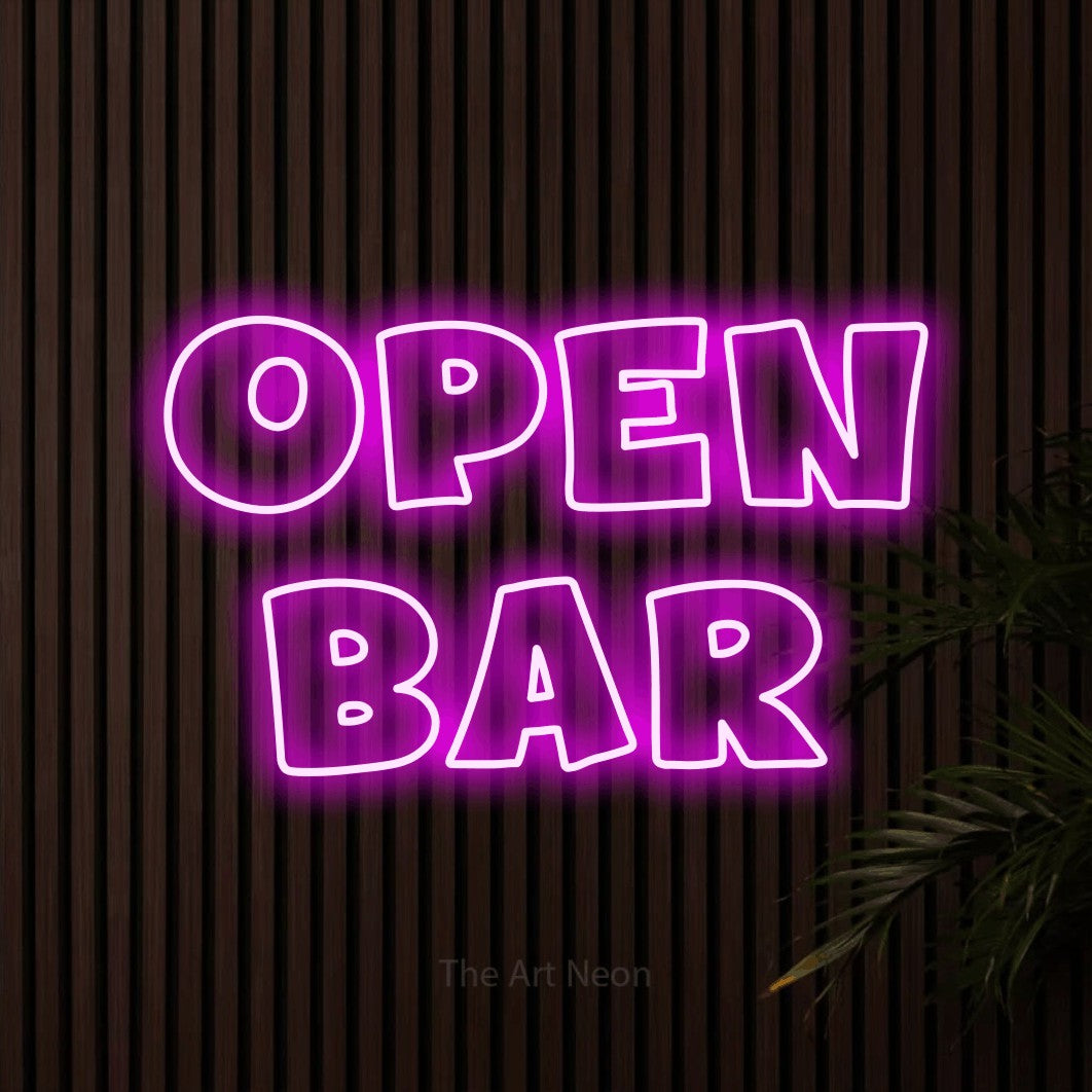 LED neon sign reading “OPEN BAR”, arranged in 2 lines.