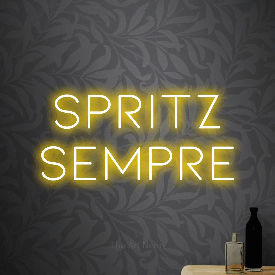LED neon sign reading “spritz sempre”, arranged in 2 lines.
