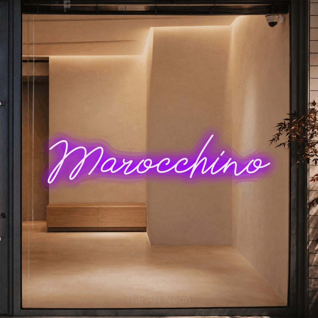 LED neon sign reading “Marocchino”, arranged in a single line.