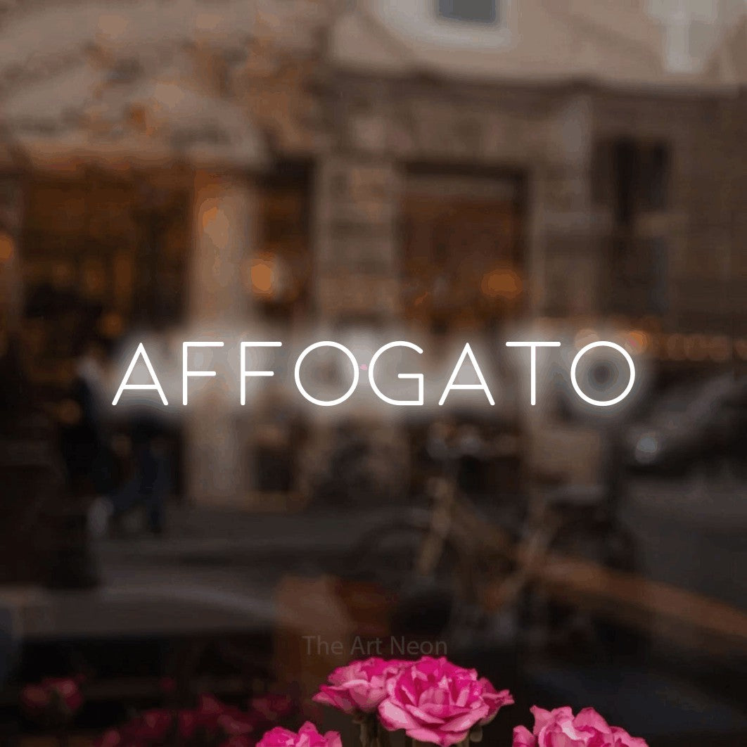 LED neon sign reading “Affogato”, arranged in a single line.