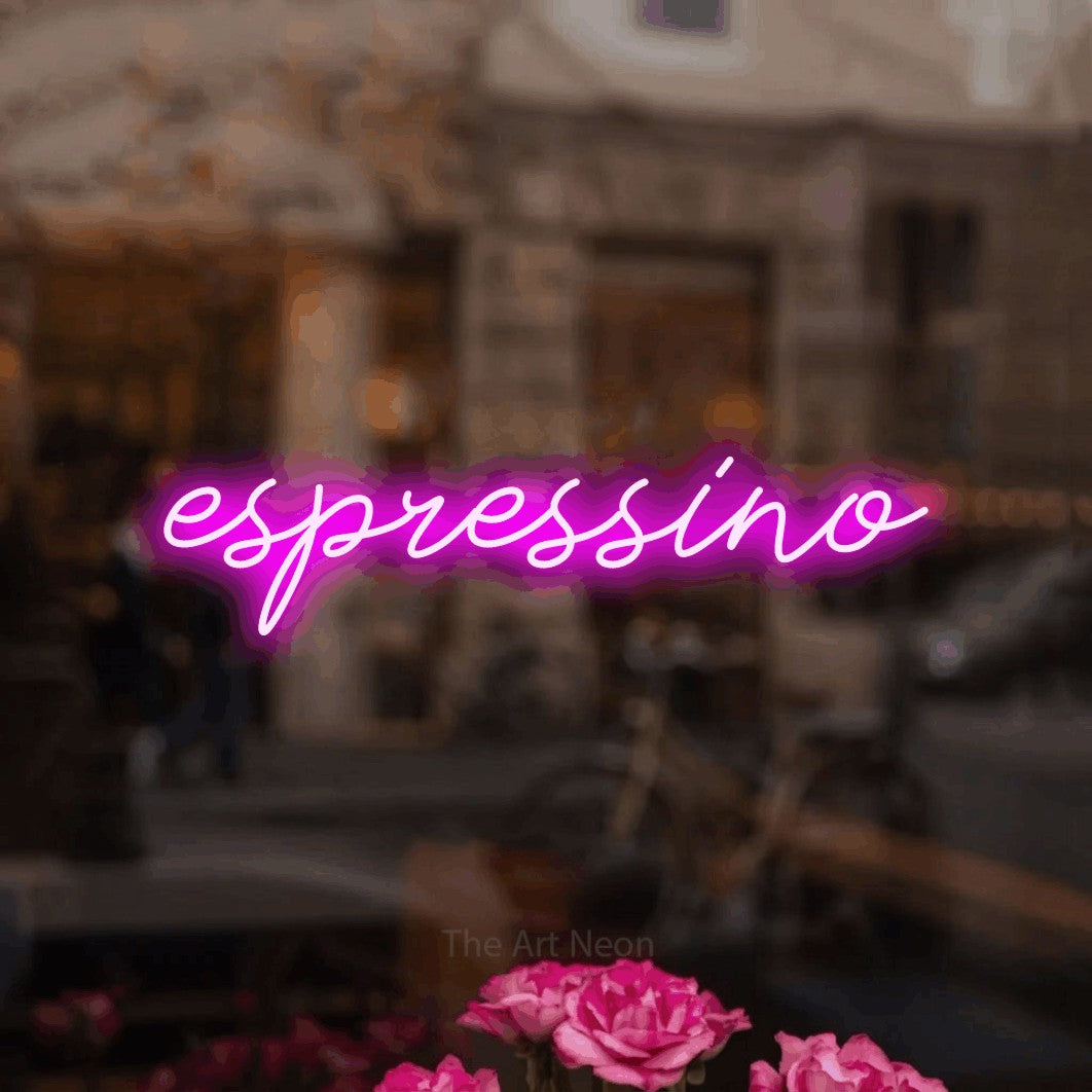 LED neon sign reading “espressino”, arranged in a single line.