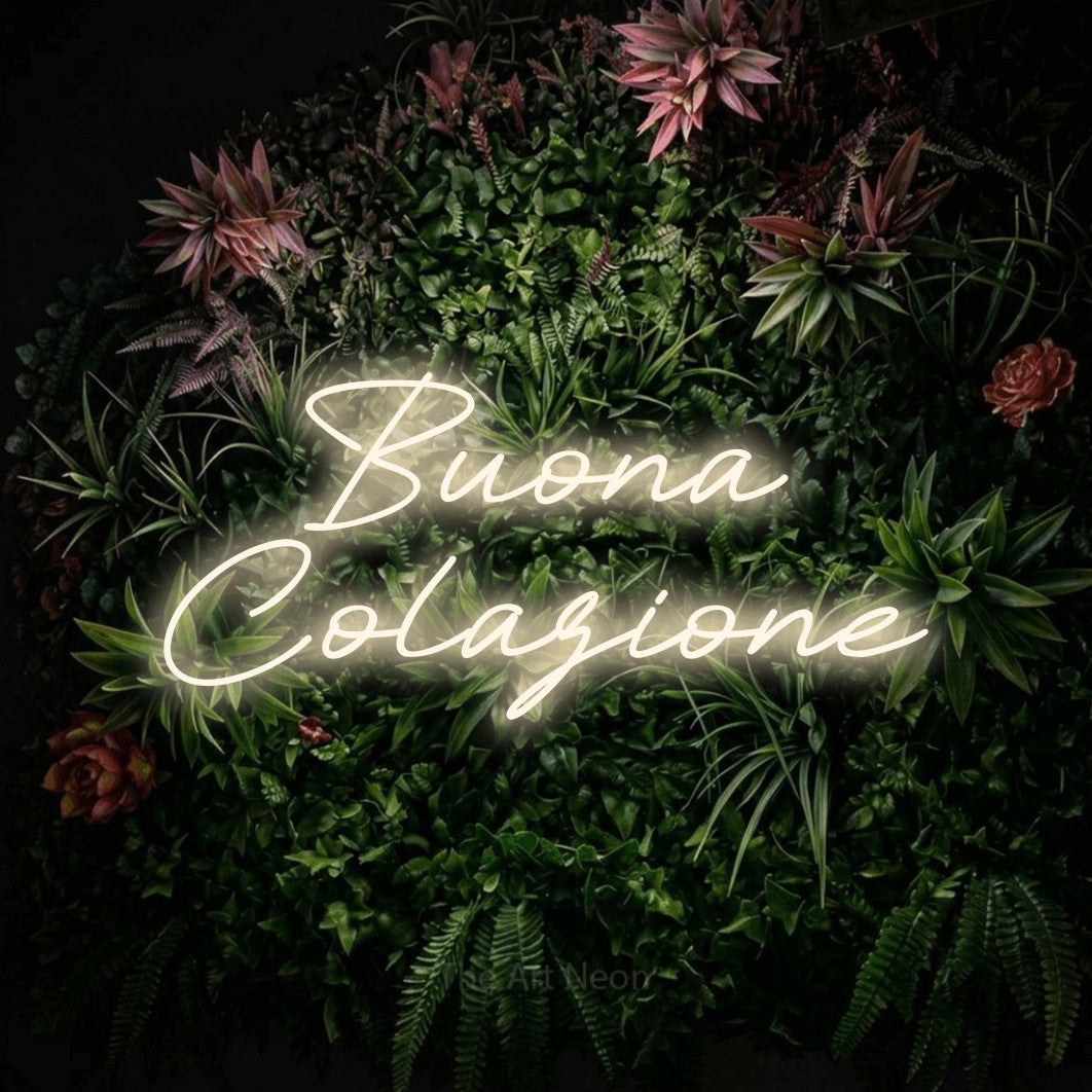 LED neon sign reading “Buona Colazione”, arranged in 2 lines.