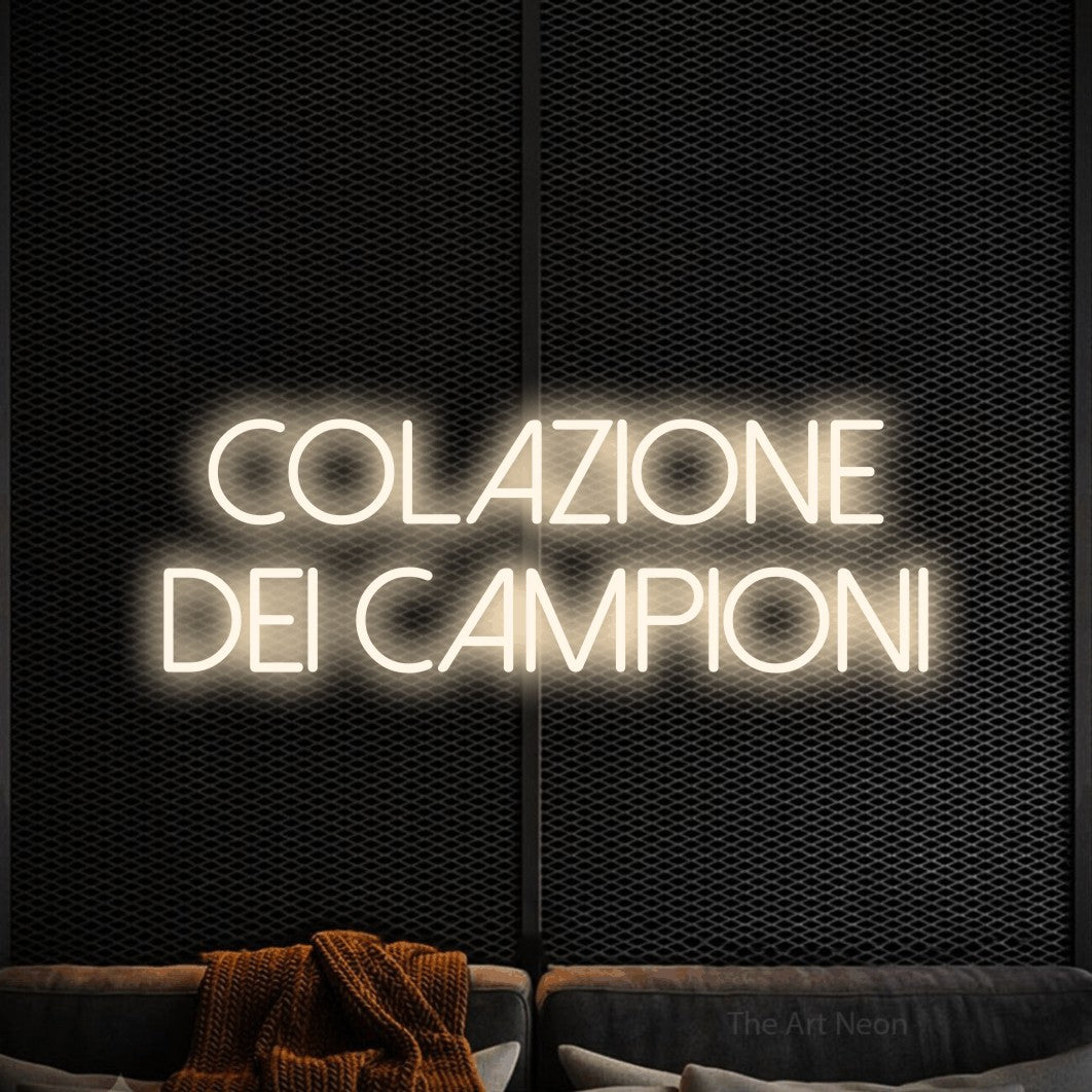 LED neon sign reading “COLAZIONE dei campioni”, arranged in 2 lines.
