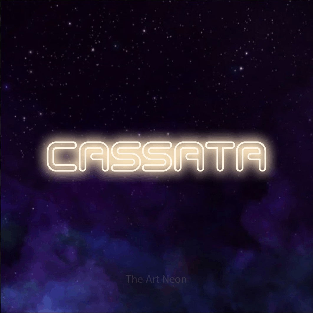 LED neon sign reading “CASSATA”, arranged in a single line.