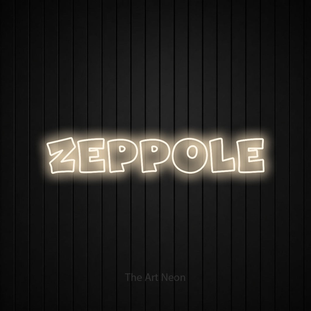 LED neon sign reading “Zeppole”, arranged in a single line.