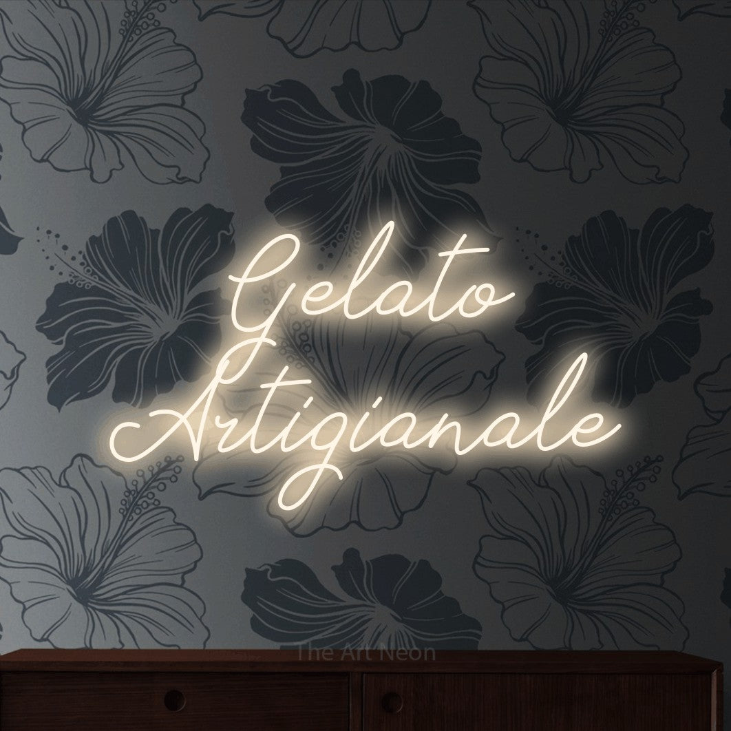 LED neon sign reading “Gelato Artigianale”, arranged in 2 lines.