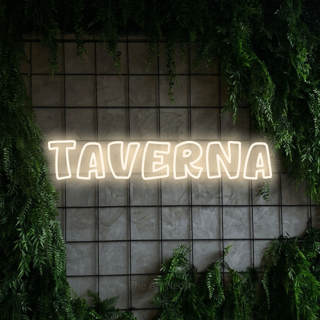 LED neon sign reading “Taverna”, arranged in a single line.