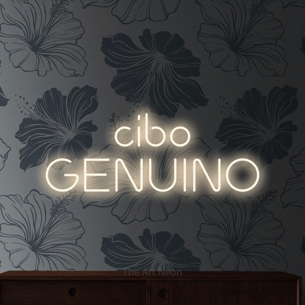 LED neon sign reading “cibo GENUINO”, arranged in 2 lines.