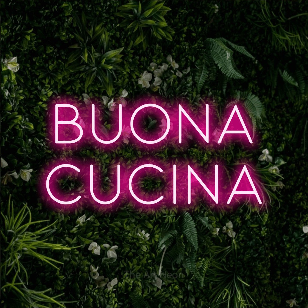 LED neon sign reading “buona cucina”, arranged in 2 lines.