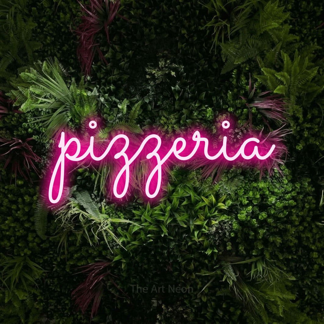 LED neon sign reading “pizzeria”, arranged in a single line.