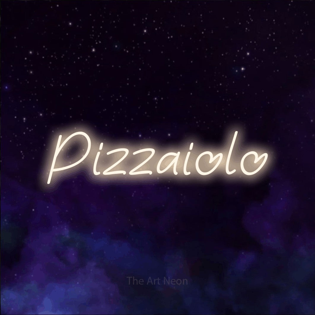 LED neon sign reading “Pizzaiolo”, arranged in a single line.