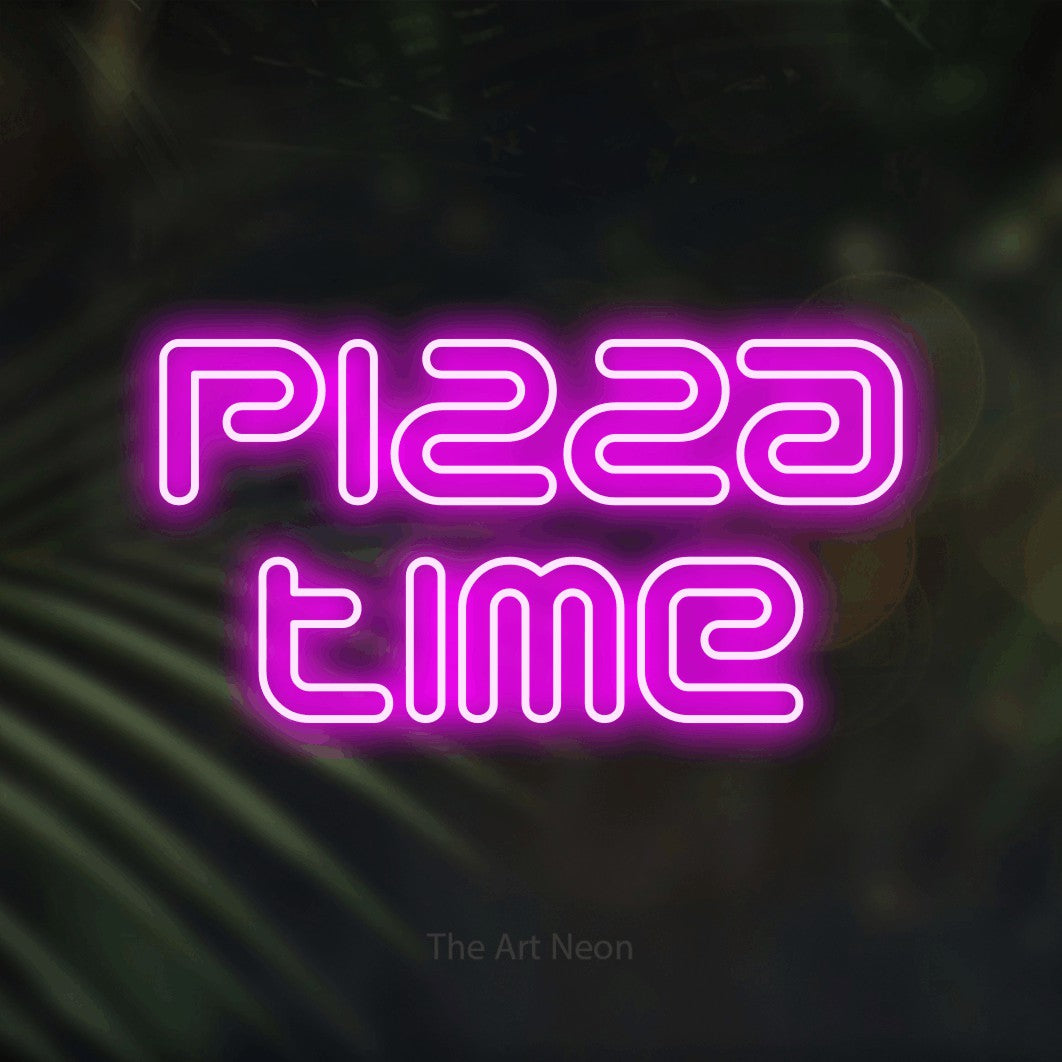 LED neon sign reading “pizza time”, arranged in 2 lines.