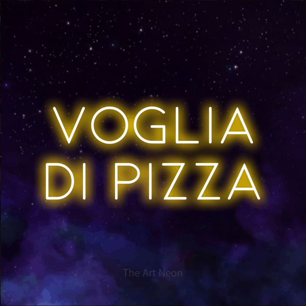 LED neon sign reading “VOGLIA di pizza”, arranged in 2 lines.
