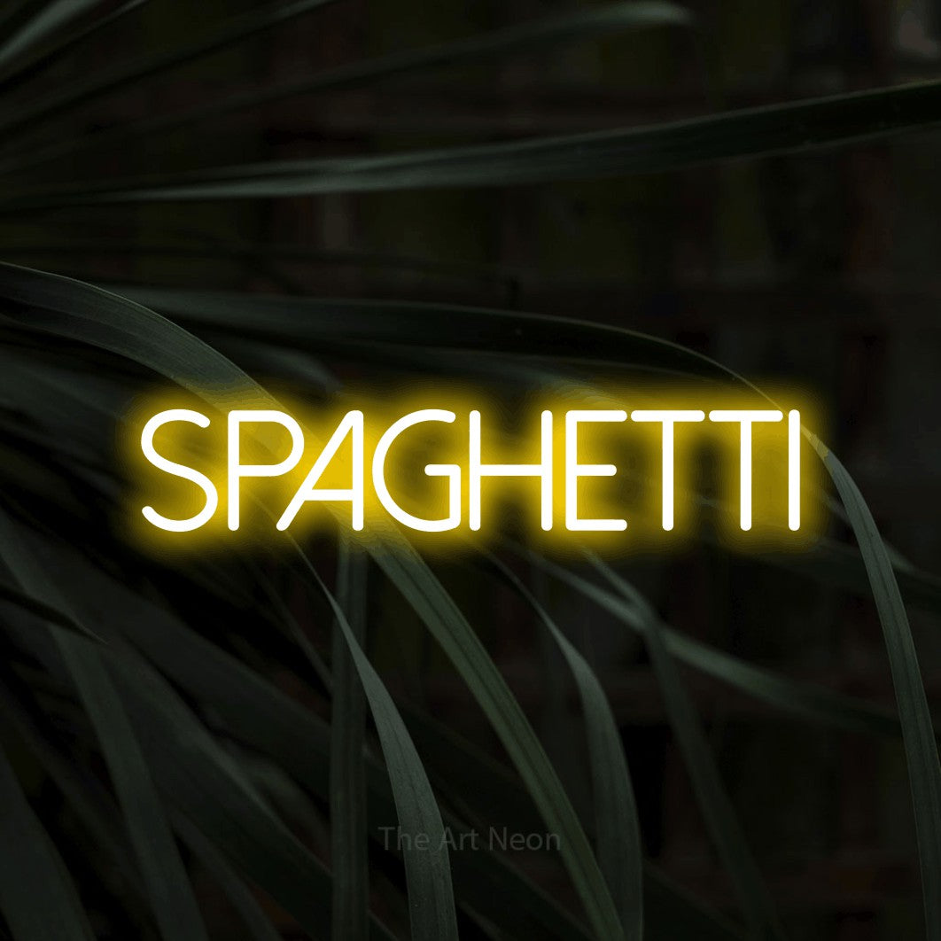 LED neon sign reading “spaghetti”, arranged in a single line.