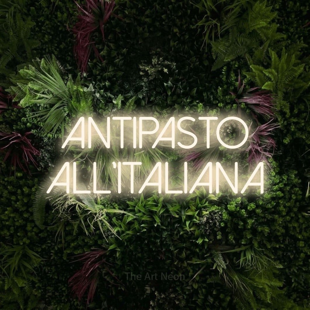 LED neon sign reading “antipasto all'italiana”, arranged in 2 lines.