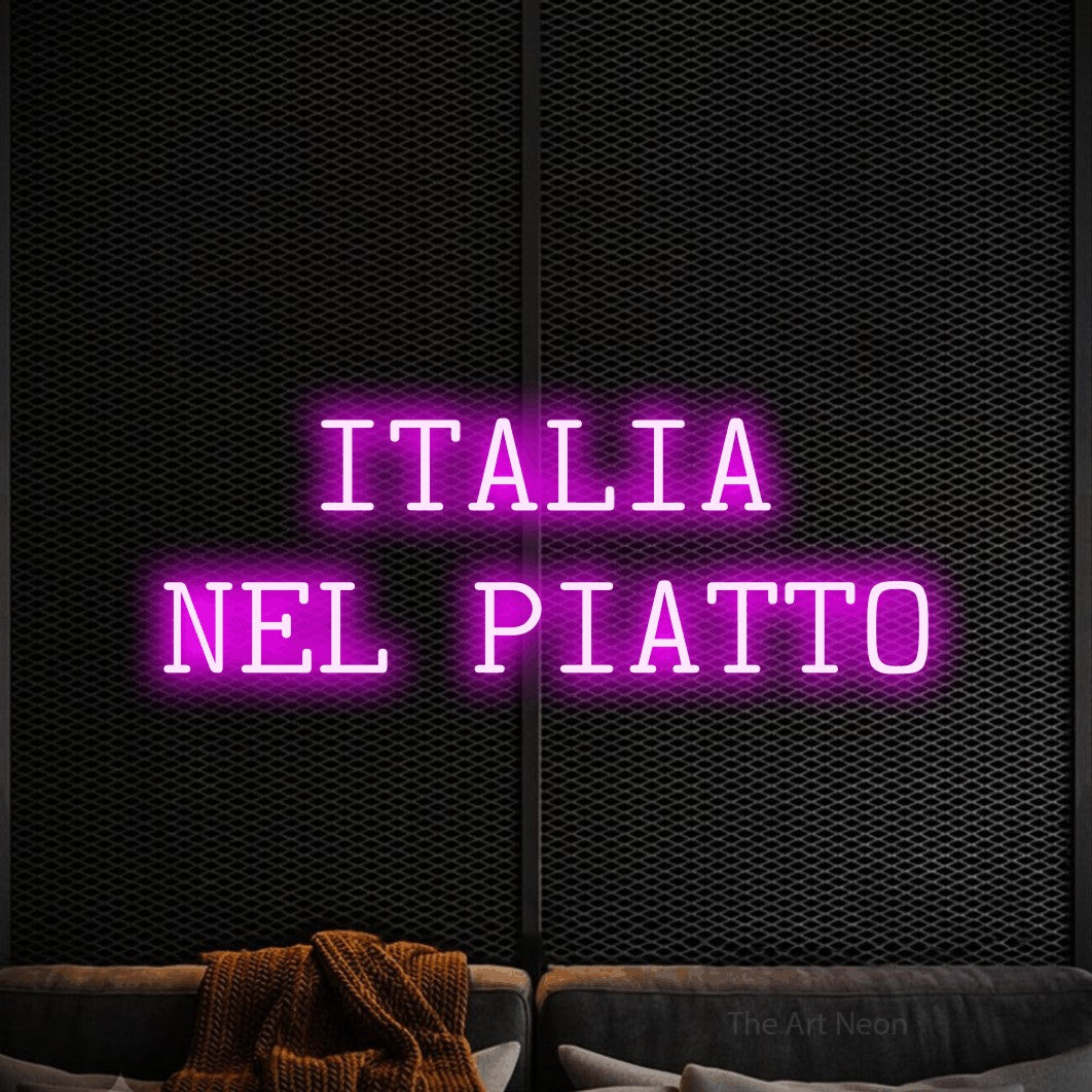 LED neon sign reading “ITALIA NEL PIATTO”, arranged in 2 lines.