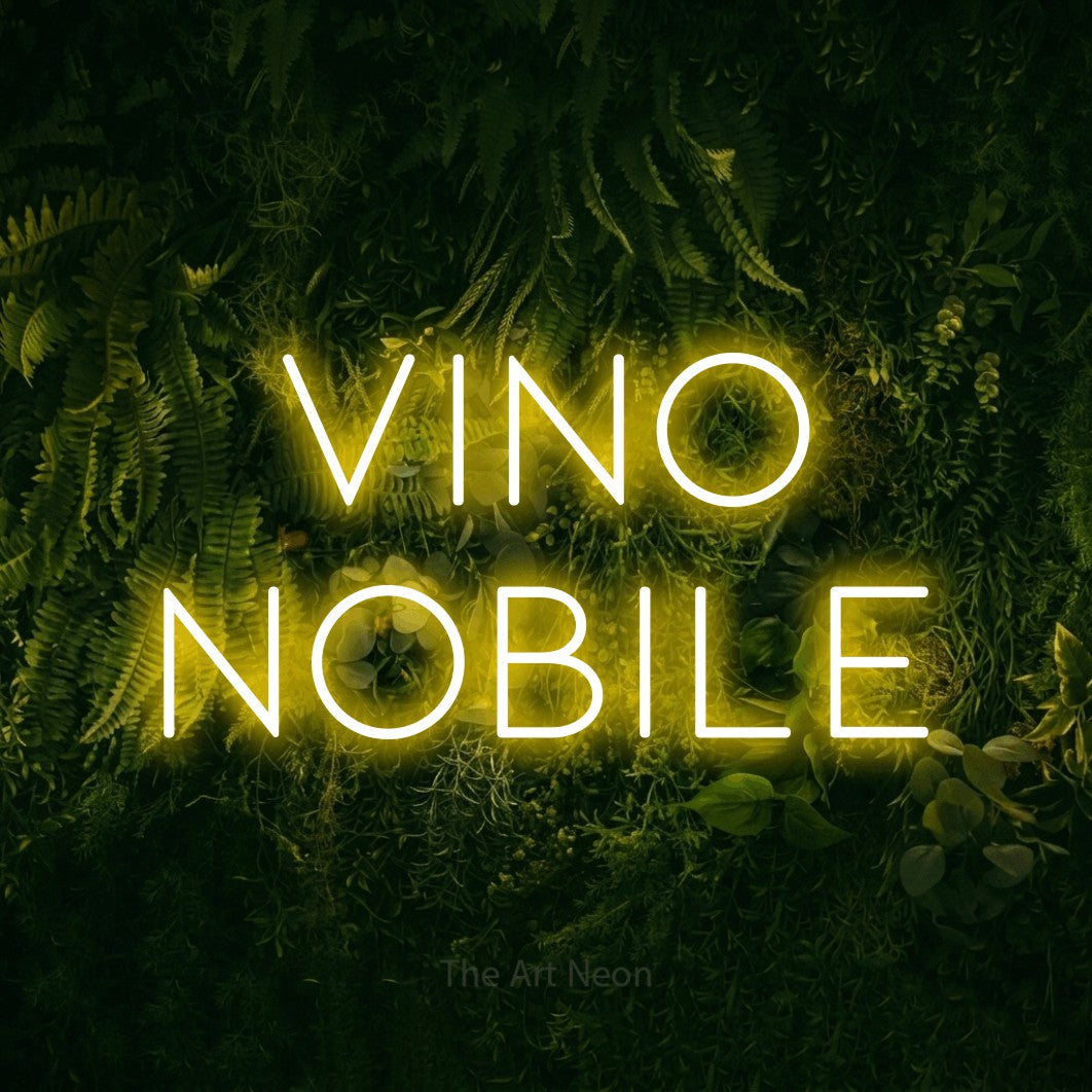 LED neon sign reading “vino nobile”, arranged in 2 lines.