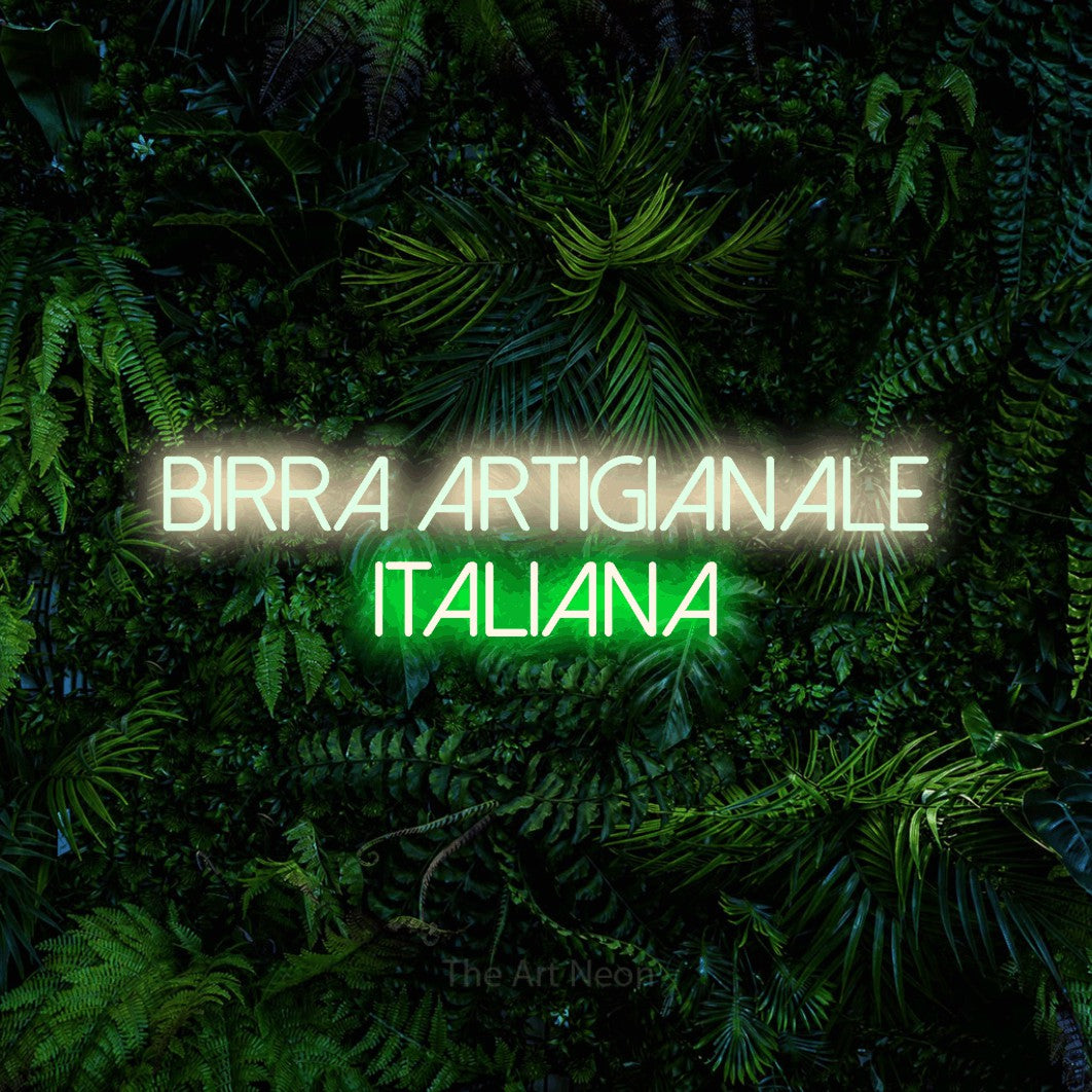 LED neon sign reading “Birra Artigianale Italiana”, arranged in 2 lines.