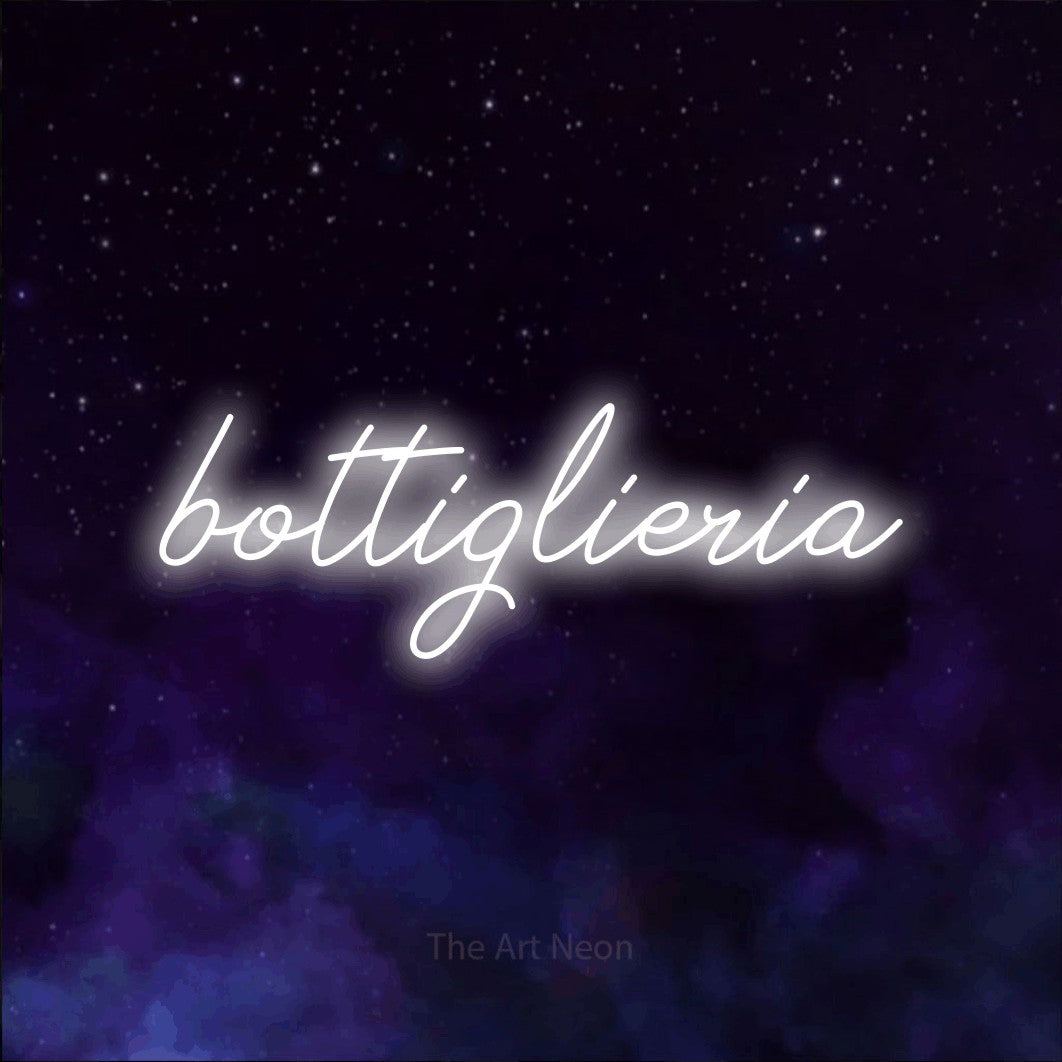 LED neon sign reading “bottiglieria”, arranged in a single line.