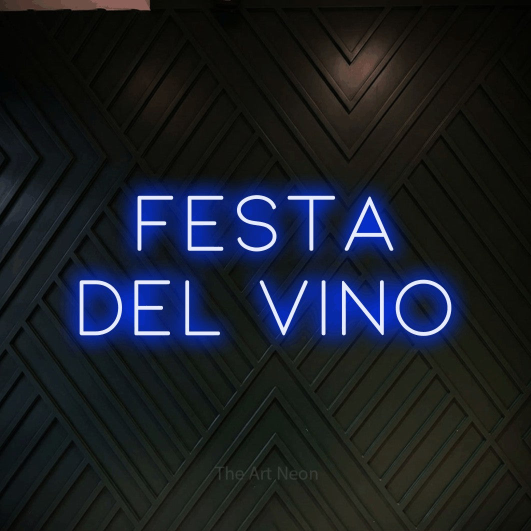 LED neon sign reading “Festa del Vino”, arranged in 2 lines.