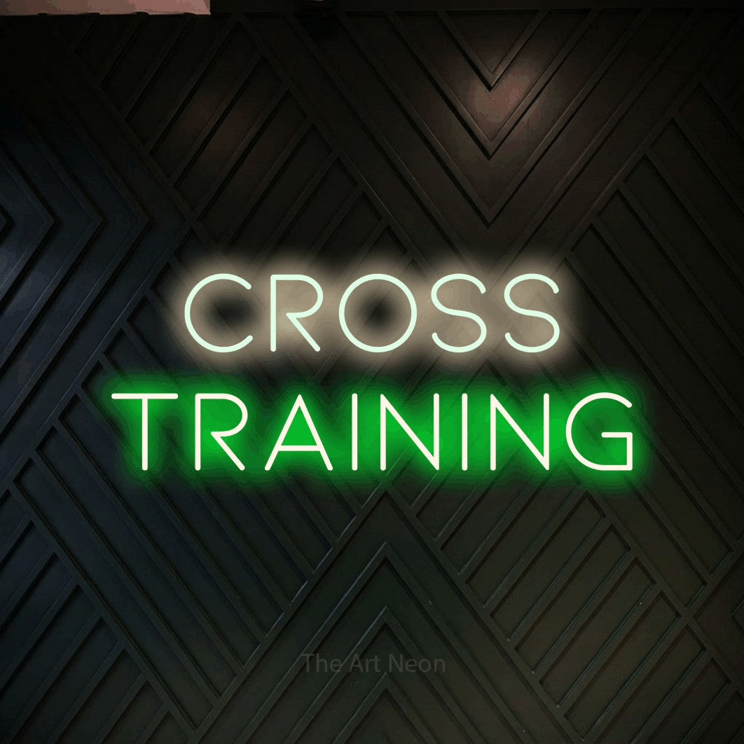 LED neon sign reading “Cross Training”, arranged in 2 lines.