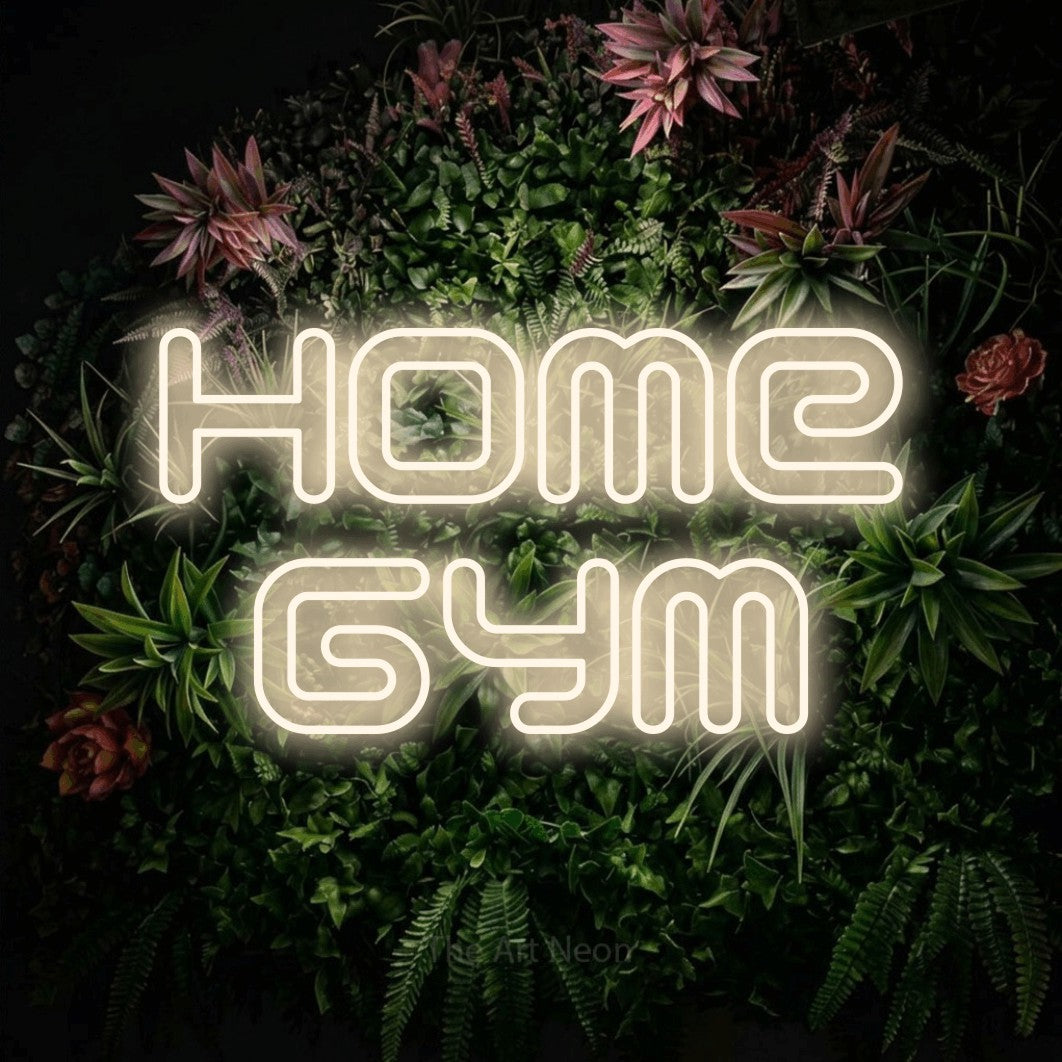 LED neon sign reading “Home Gym”, arranged in 2 lines.