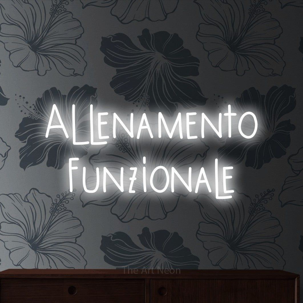 LED neon sign reading “Allenamento Funzionale”, arranged in 2 lines.