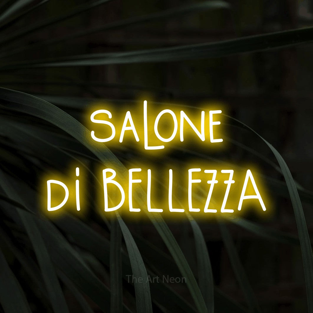 LED neon sign reading “salone di BELLEZZA”, arranged in 2 lines.