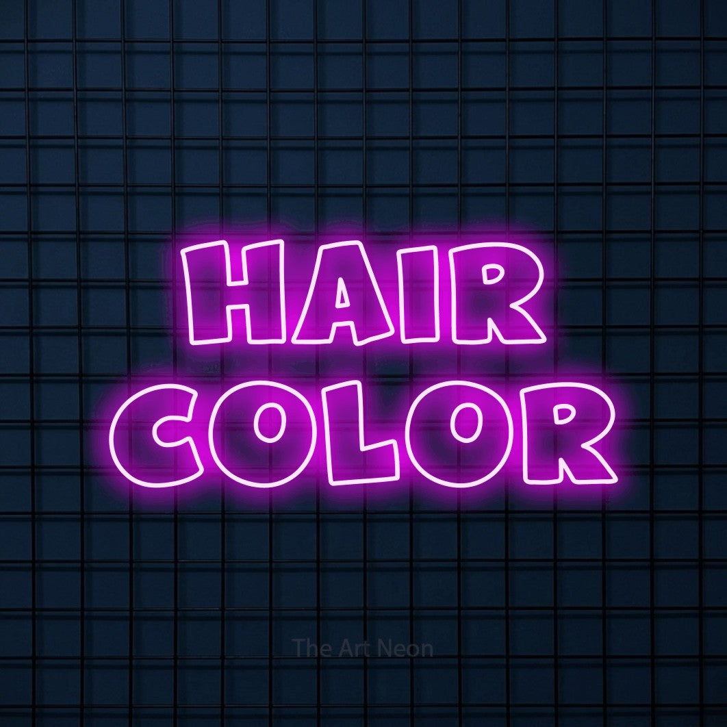 LED neon sign reading “hair color”, arranged in 2 lines.