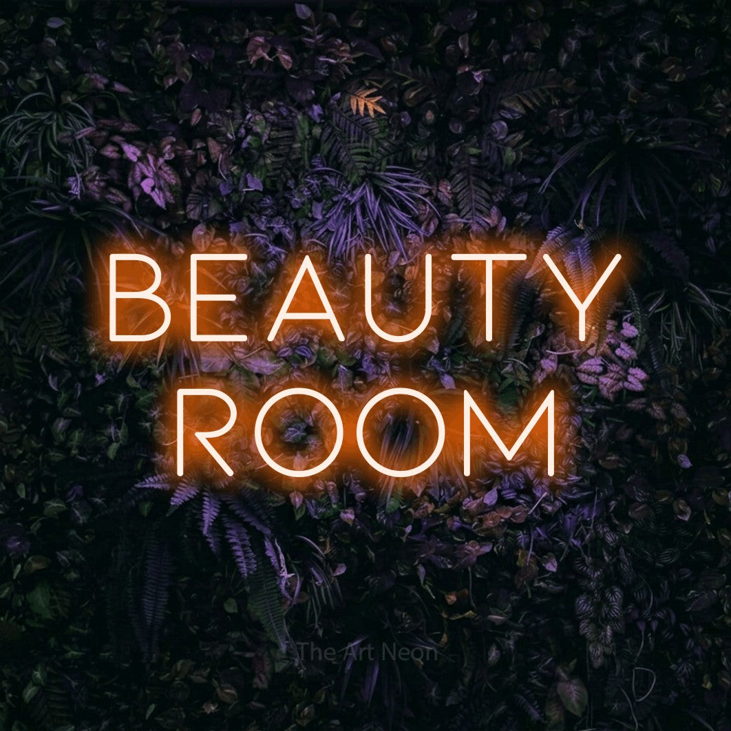 LED neon sign reading “beauty room”, arranged in 2 lines.