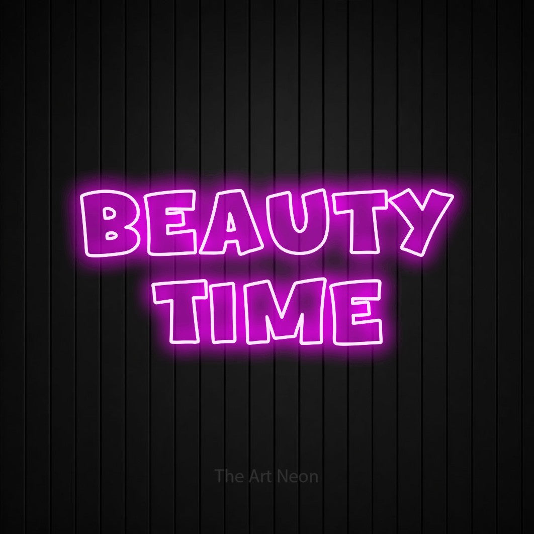 LED neon sign reading “BEAUTY TIME”, arranged in 2 lines.