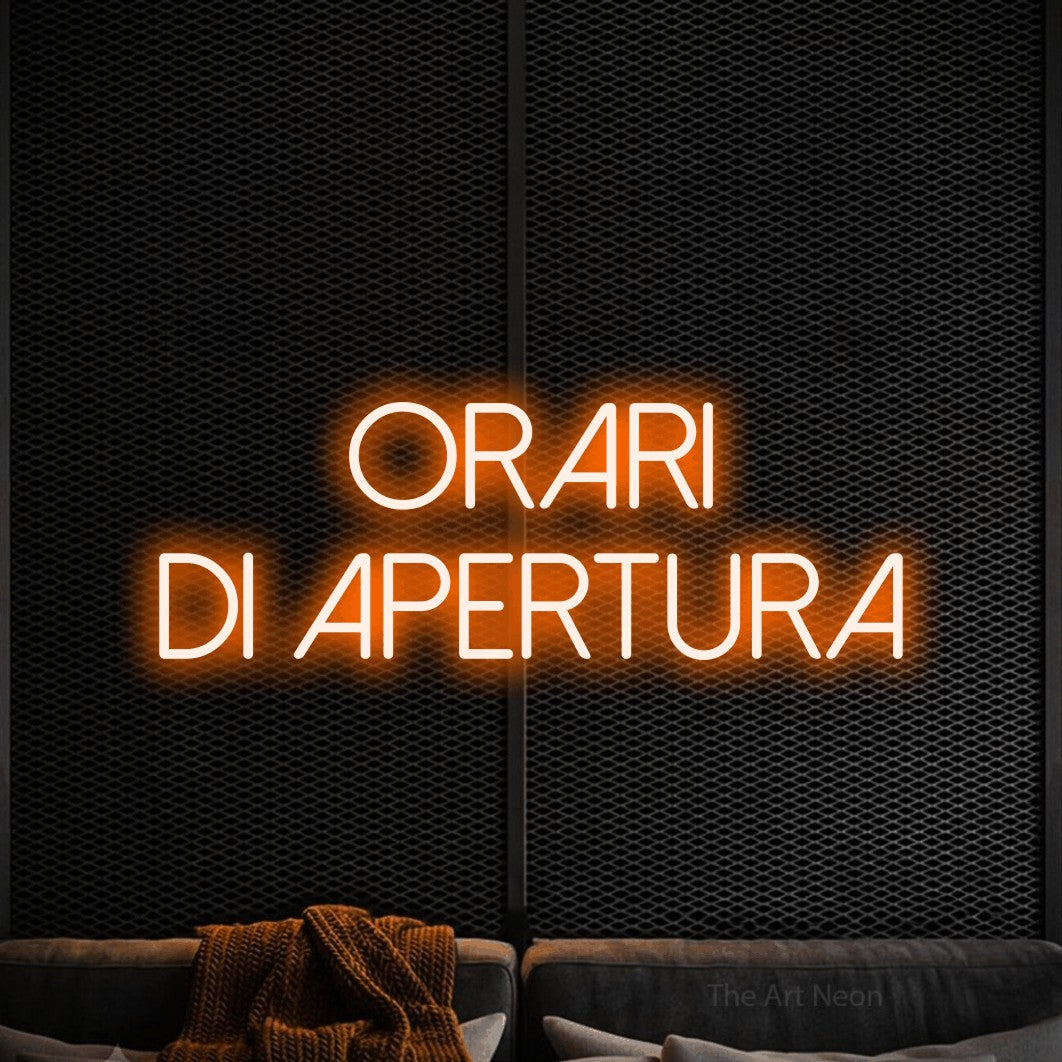 LED neon sign reading “orari di apertura”, arranged in 2 lines.