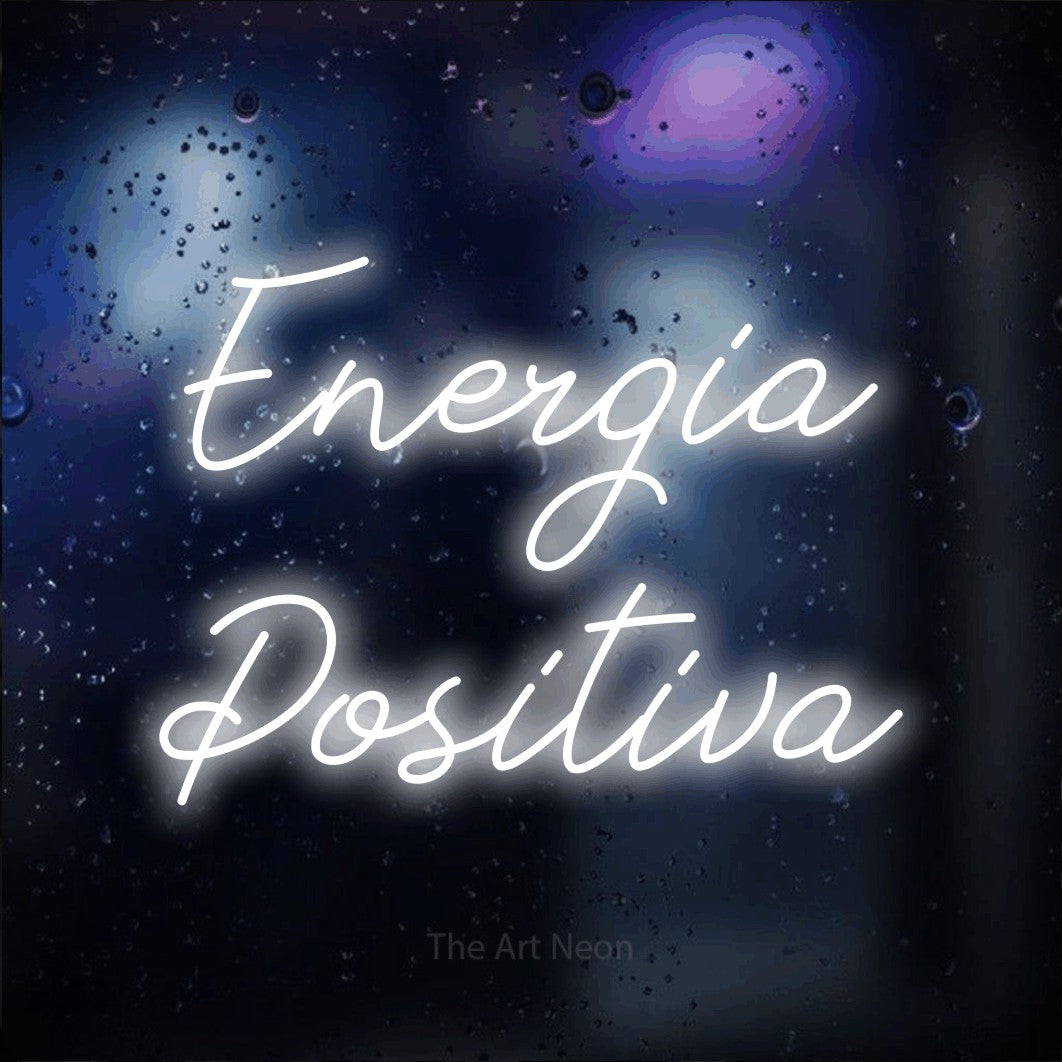LED neon sign reading “Energia Positiva”, arranged in 2 lines.
