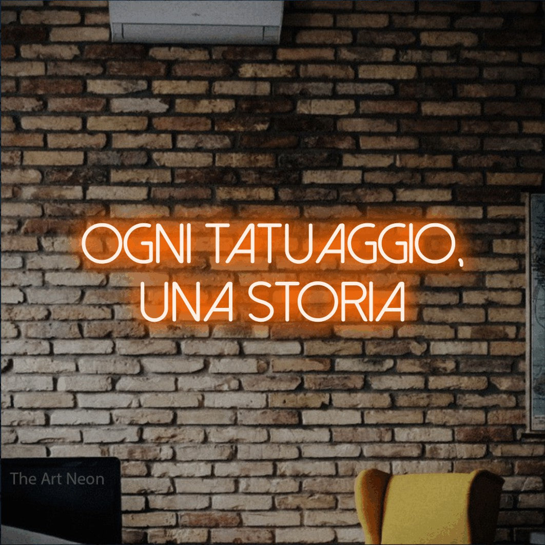 LED neon sign reading “Ogni Tatuaggio, Una Storia”, arranged in 2 lines.