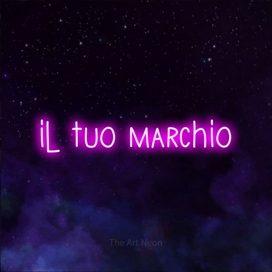 LED neon sign reading “il tuo marchio”, arranged in a single line.