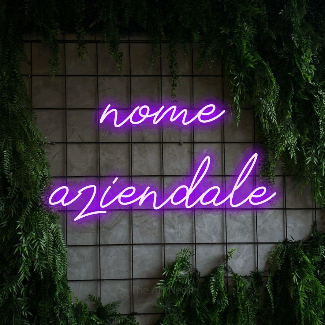 LED neon sign reading “nome aziendale”, arranged in 2 lines.