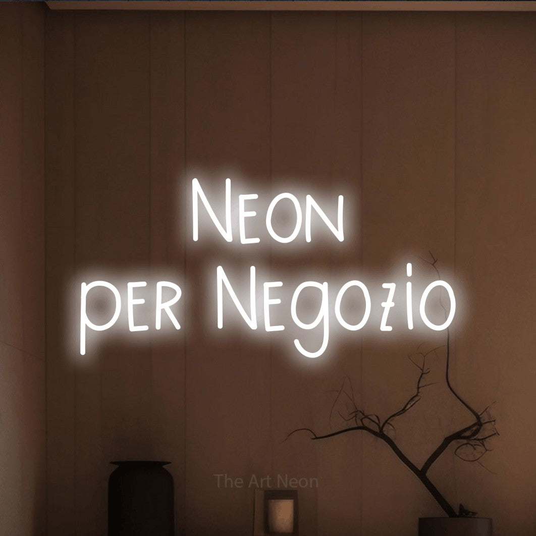LED neon sign reading “Neon per Negozio”, arranged in 2 lines.